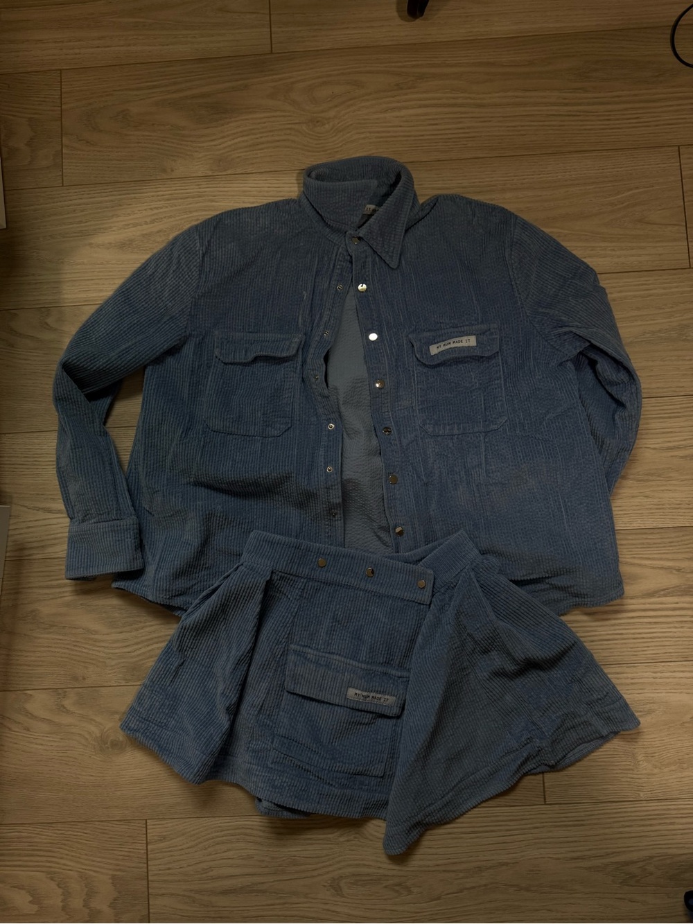 Women's Mini Skirt and button down set in Washed Blue Corduroy